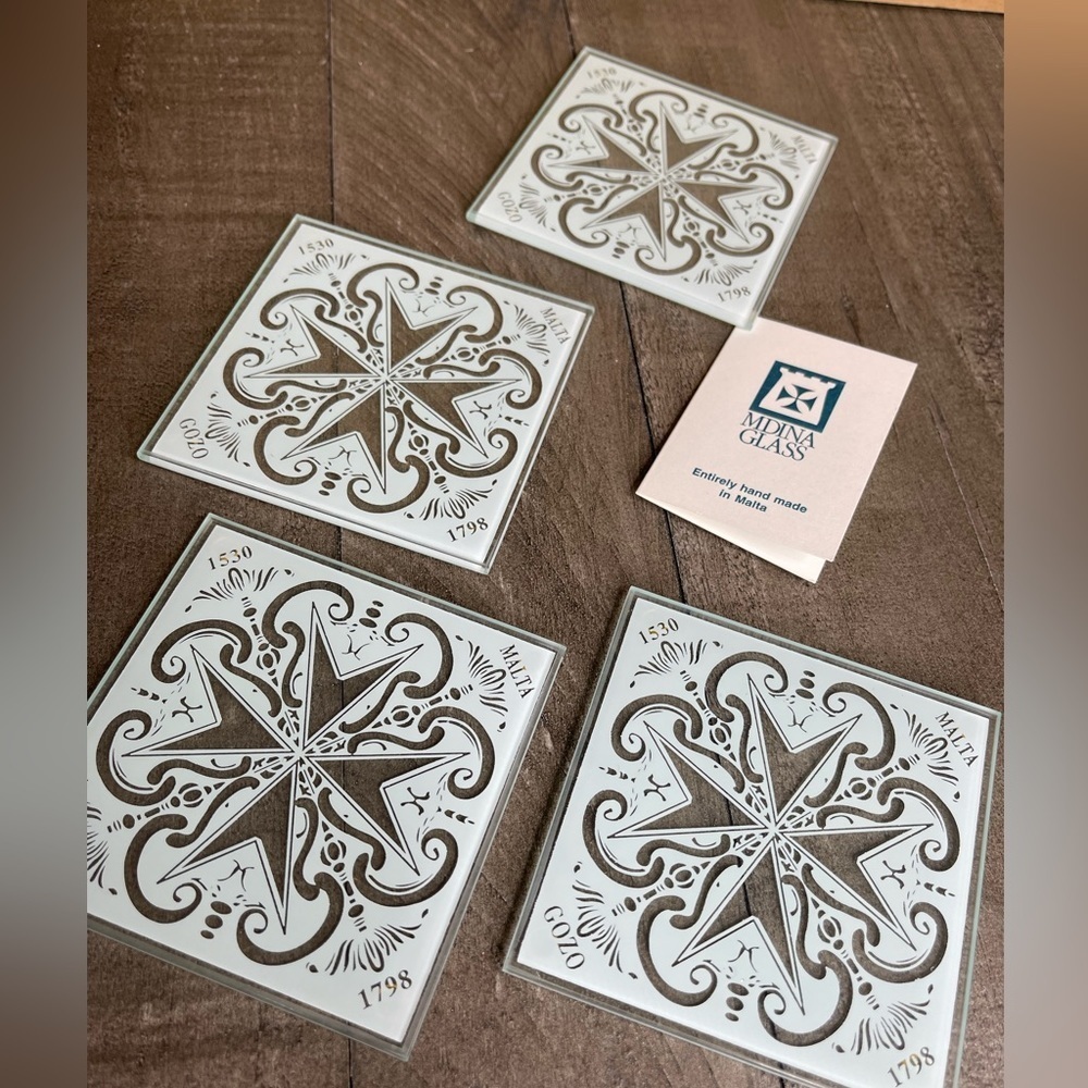 New! Mdina Glass Coasters Swirl Floral Malta Glass Studio Art Light Blue Clear